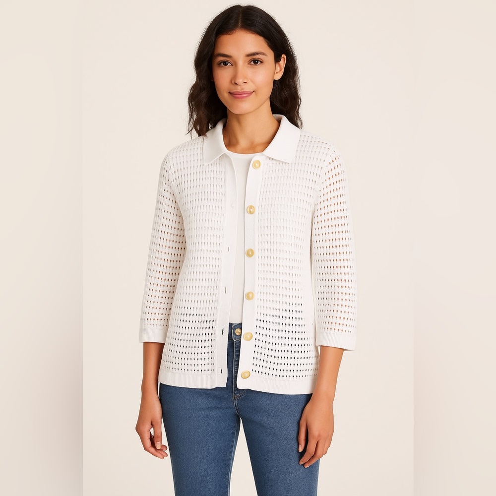 J. Jill Women’s M Petite White Button Front Cotton Blend Open Knit Cardigan